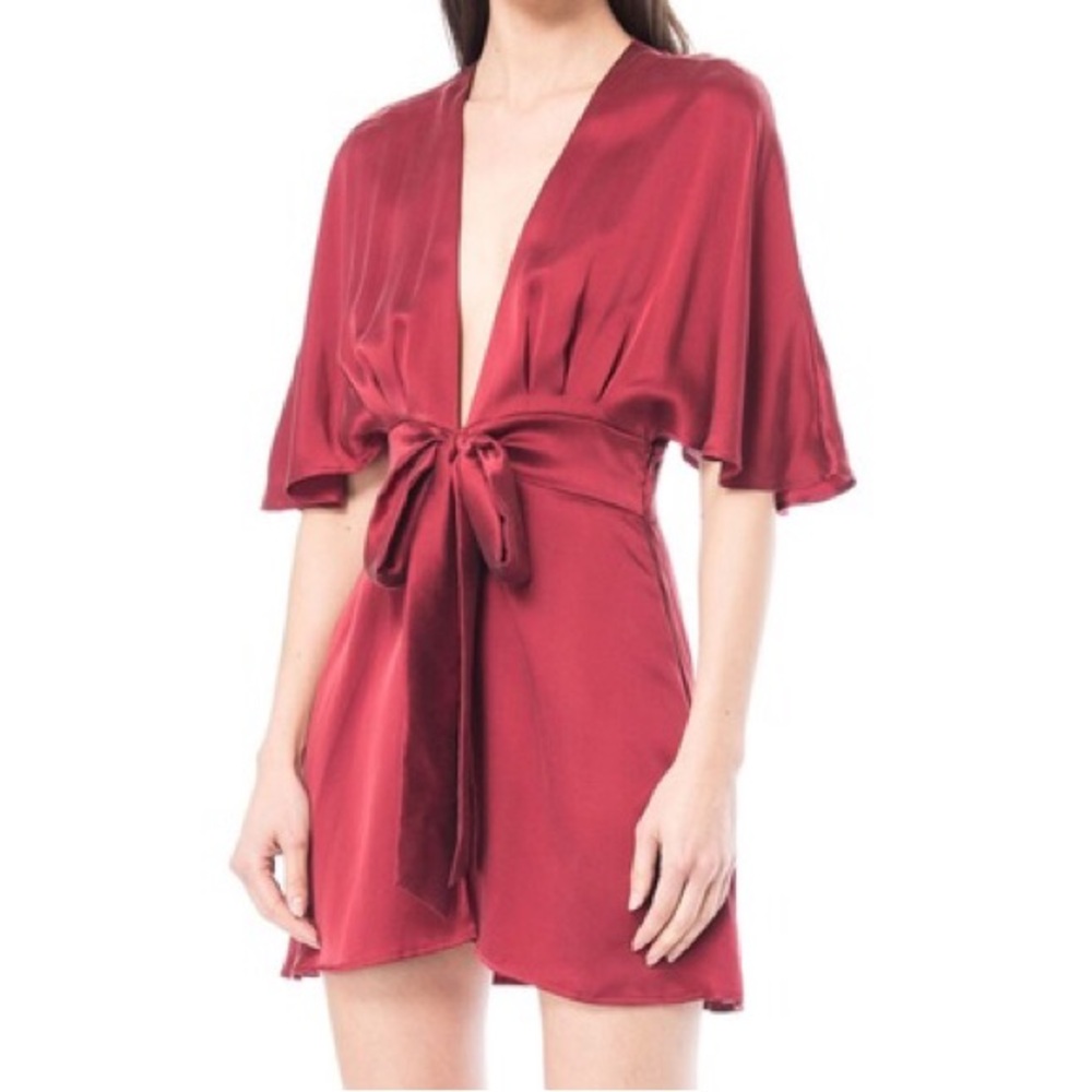 Cami NYC Satin Tie-Waist Romper in Wine Red SKU: 202100-11